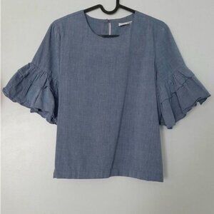 PEPPERMINT Chambray Blue Ruffle Short Sleeve Top Sz M